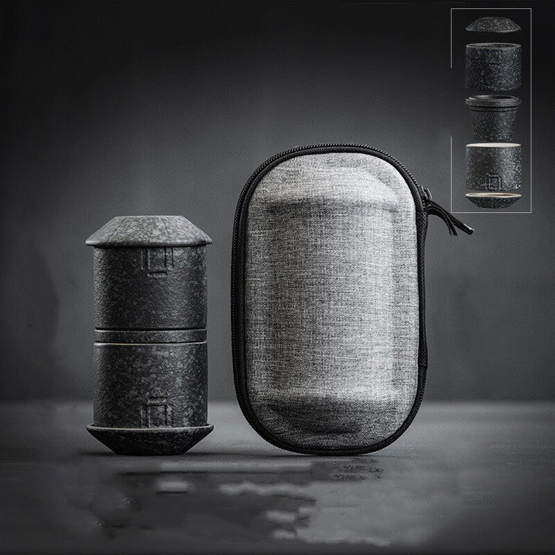 ACACUSS Portable Travel Tea Set | Black Stoneware 1 Tea Pot 2 Tea Cups | Office Drinkware | Handmade Tea Ceremony Accessories | quick guest - ACACUSS