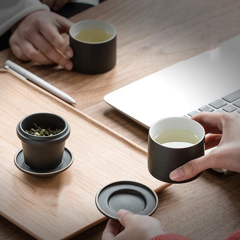 ACACUSS Portable Travel Tea Set | Black Stoneware 1 Tea Pot 2 Tea Cups | Office Drinkware | Handmade Tea Ceremony Accessories | quick guest - ACACUSS