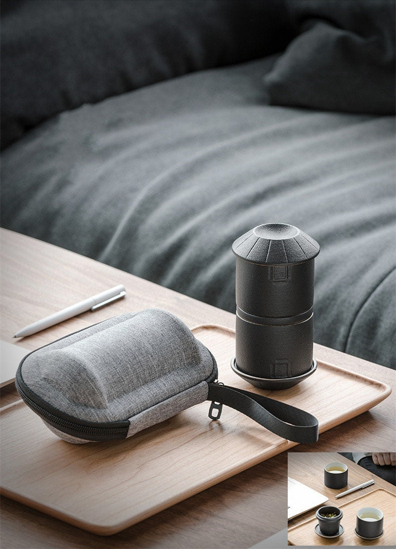 ACACUSS Portable Travel Tea Set | Black Stoneware 1 Tea Pot 2 Tea Cups | Office Drinkware | Handmade Tea Ceremony Accessories | quick guest - ACACUSS
