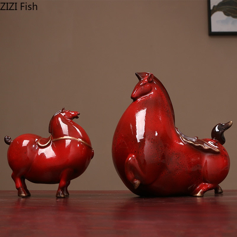 Retro Red Horse Porcelain Statue Desk Ornaments Horse Ceramic Sculpture Living Room Decoration Crafts Vintage Home Decor acacuss