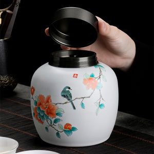 Rhododendron Bird Ceramic Tea Caddy Metal/wood Cover Sealed Jar Storage Tank Tea Container Food Storage Box Decoration Candy Jar acacuss