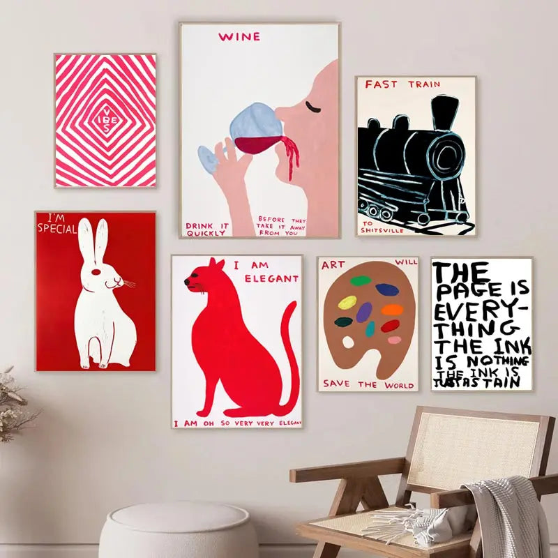 David Shrigley Rabbit Cat Wine Biscuit Train Wall Art Abstract Prints Canvas Painting Nordic Poster Pictures Living Room Decor