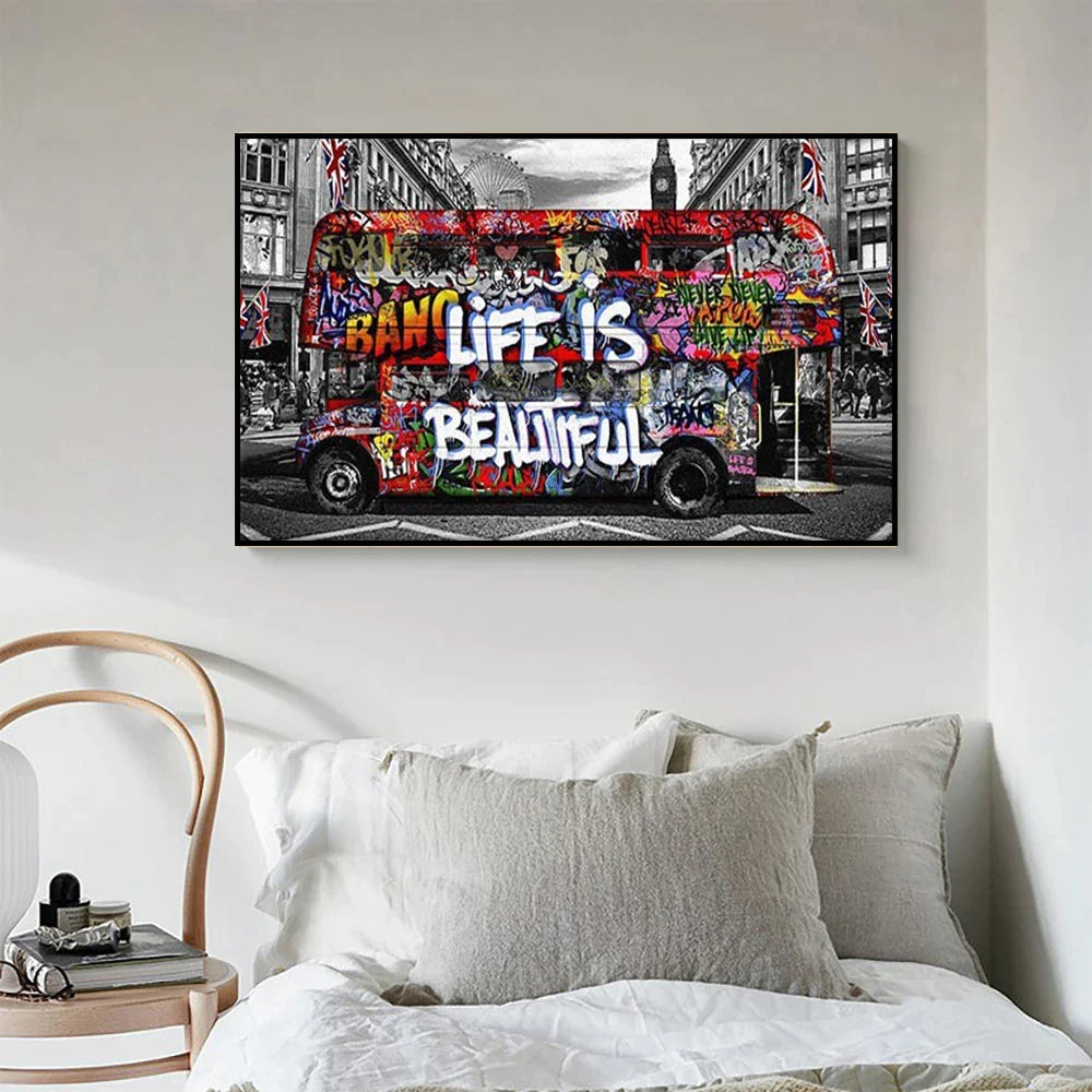 Modern Pop Wall Art Street Graffiti Bus Car Charles Chaplin HD Canvas Nordic Poster Print Home Bedroom Living Room Decoration