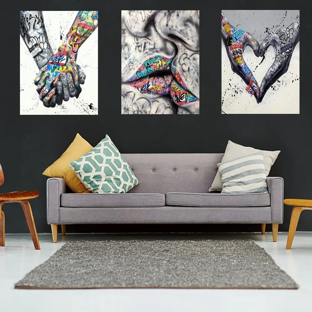 Modern Black Art Couple Wall Painting Picture Fashion Graffiti Lover Canvas Wall Art Poster Prints for Bedroom Living Room Decor