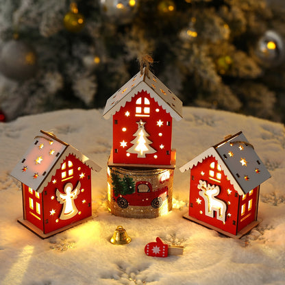 Neues Weihnachts-Holzhaus mit Anhänger, Schneemann, Elch, Weihnachtsmann, Bärenhaus, Beleuchtung, leuchtende Blockhütte, Weihnachtsdekoration 