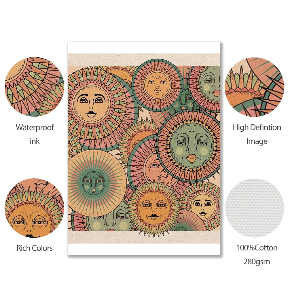 Bohemian Sun Faces Canvas Painting Abstract Vintage Wall Pictures Retr ...