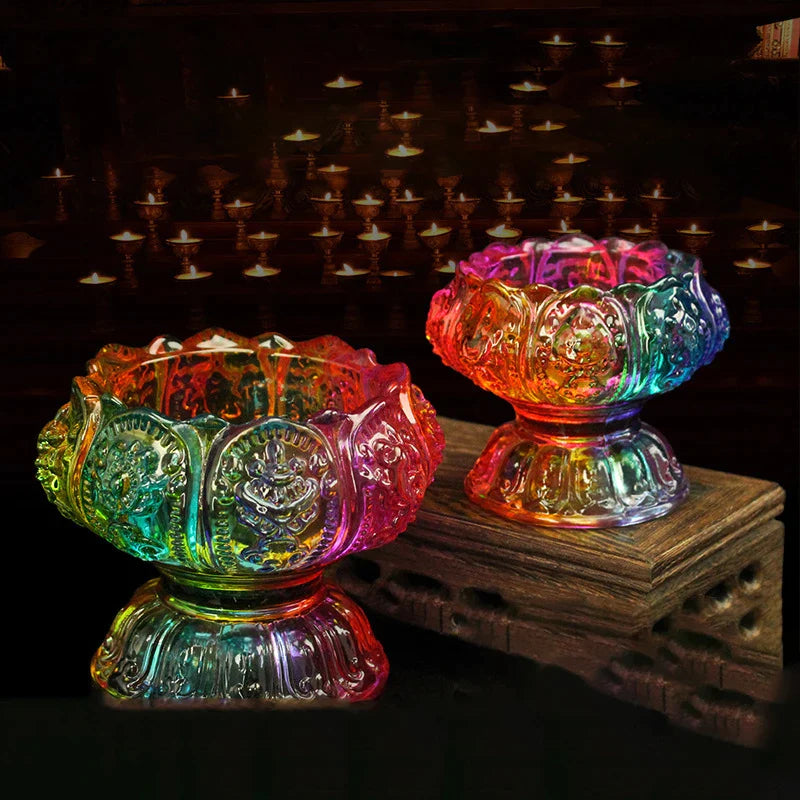 Colorful Glass Lamp Holder Buddhist High Feet Butter Lamp Alloy Flower Candlestick Tibetan Supply Buddha Table Decoration New