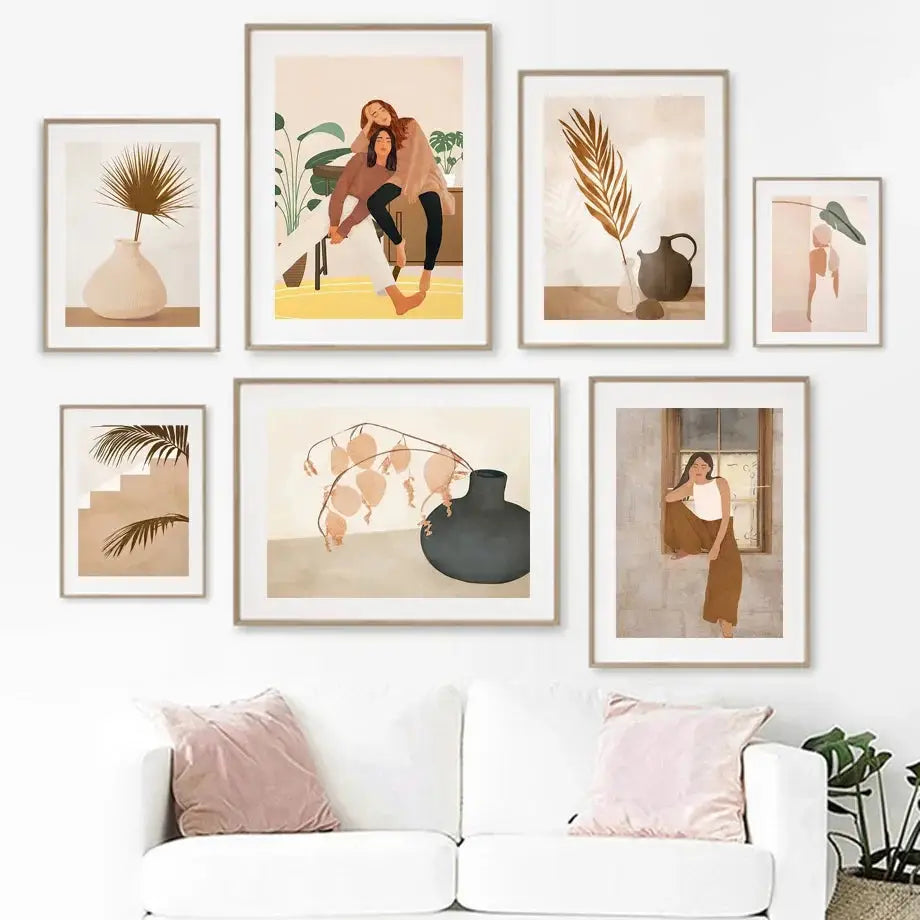 Scandinavian Simple Wall Art Fashion Girl Palm Leaves Vase Bohemian Landscape Poster Print Home Bedroom Living Room Decoration