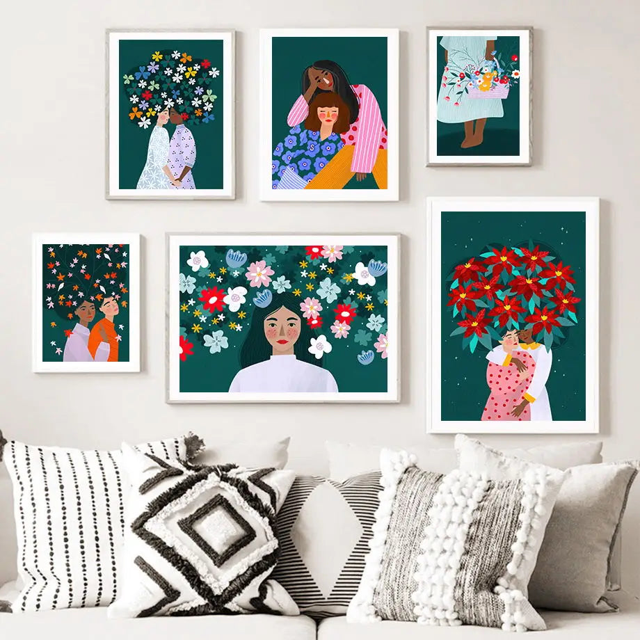 Abstract Fashion Girl Colourful Flower Leaves Wall Art Canvas Painting Nordic Posters And Prints Wall Pictures Living Room Decor