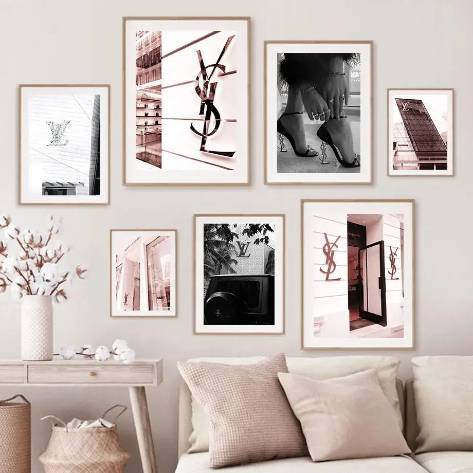 Luxury Store Pink Black Street landscape Art Canvas Painting Fashion Romantic France Posters Wall Pictures For Living Room Decor
