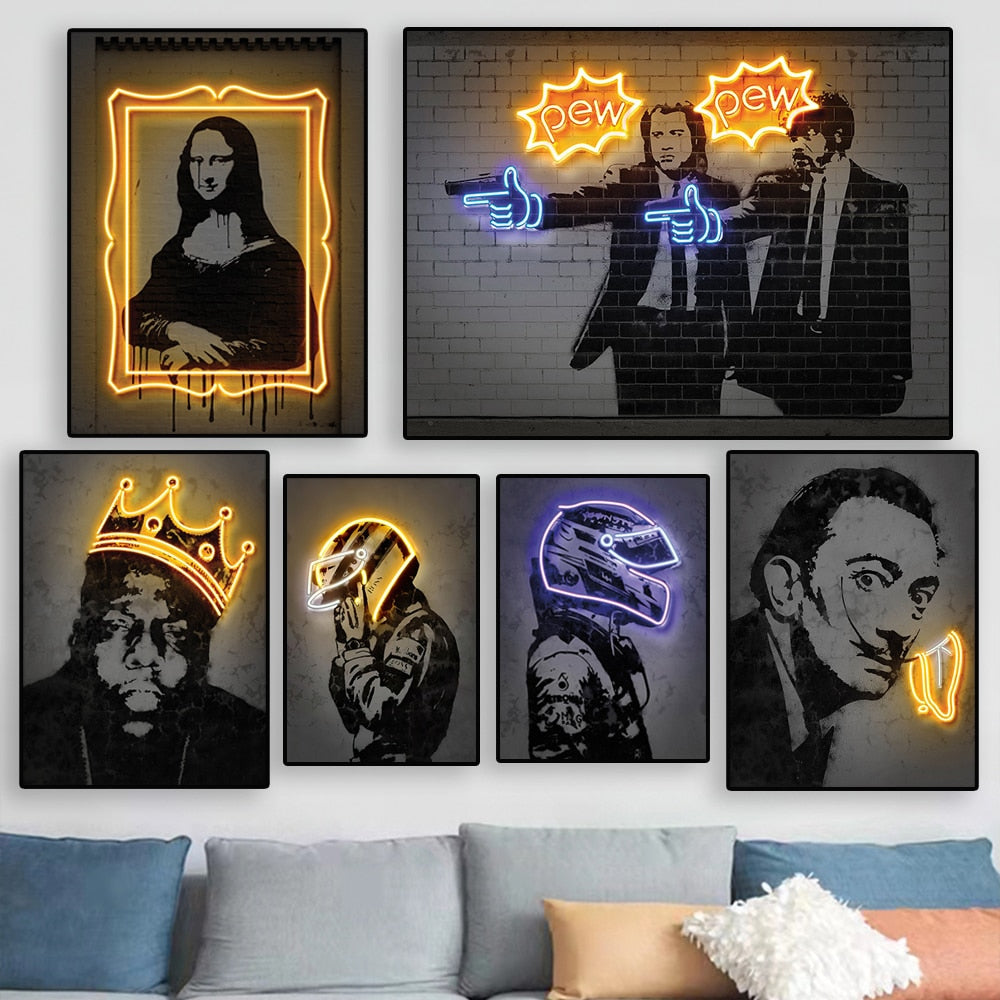 Señal moderna de neón Mona Lisa Robot Robot Trabajo de arte de Pintura Racing Impresión Resumen Película Sala de juegos Decoración de dormitorios
