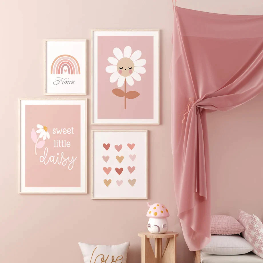 Cute Daisy Rainbow Sun Love Heart Personalized Name Poster of Wall Art Canvas Prints Picture Pink Girl Baby Kids Room Home Decor