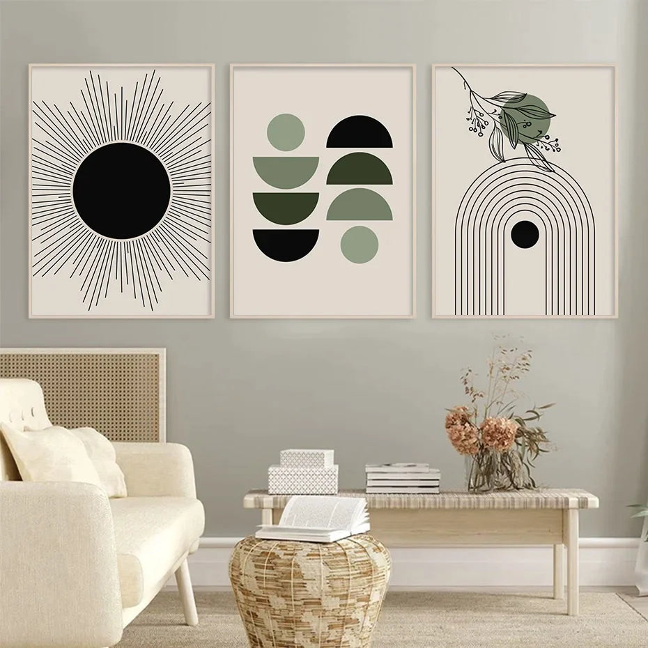 Abstract Green Geometric Leaves Posters Boho Wall Art Canvas Painting Prints Pictures Modern Living Room Interior Home Decor