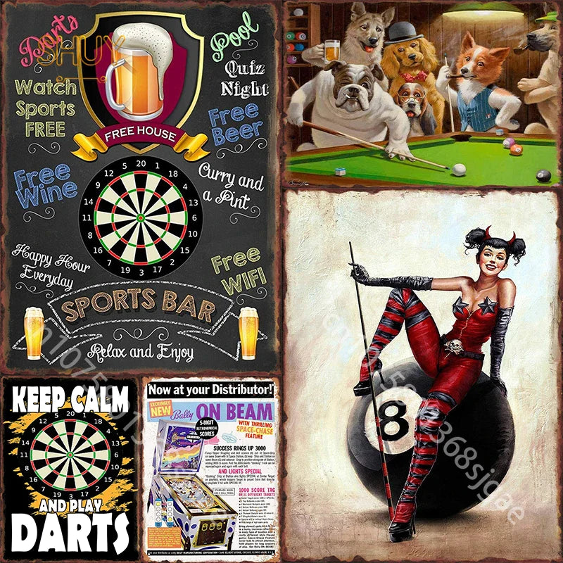 Darts Billiards Pinballs Metal Tin Signs Vintage Poster for Bar Club Pub Wall Decor Entertainment Venues Plaques Home Decoration