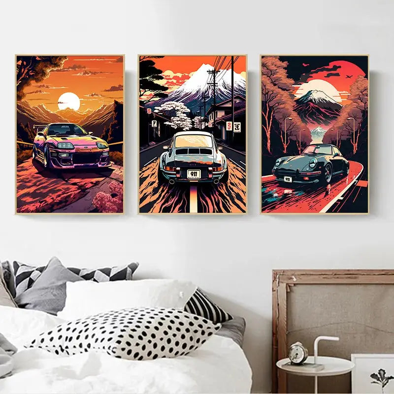 Retro Car Canvas Painting Japan Mount Fuji Sunset Wall Art Landscape Posters Living Room Interior Print Pictures Home Decoration
