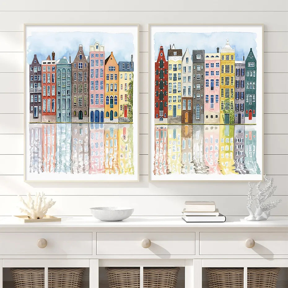 Watercolor Facades of Old Colorful Buildings Poster Canvas Paintings Print Wall Art Interior Picture for Living Room Home Decor