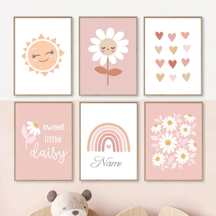 Cute Daisy Rainbow Sun Love Heart Personalized Name Poster of Wall Art Canvas Prints Picture Pink Girl Baby Kids Room Home Decor