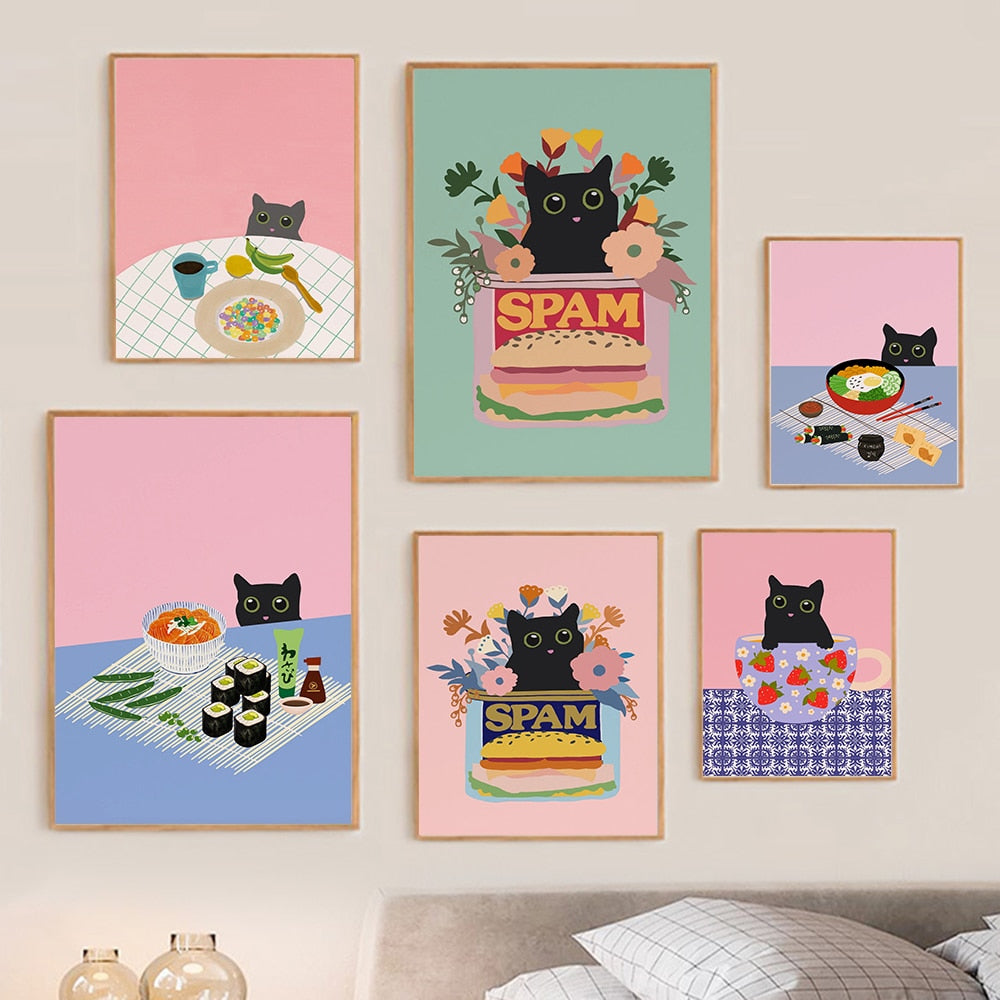 Poster Kimchee Poster Kimchee Korea Cetak Modern Black Cat Picnic Kitchen Wall Art Canvas Lukisan Hiasan Rumah Kidi Kids
