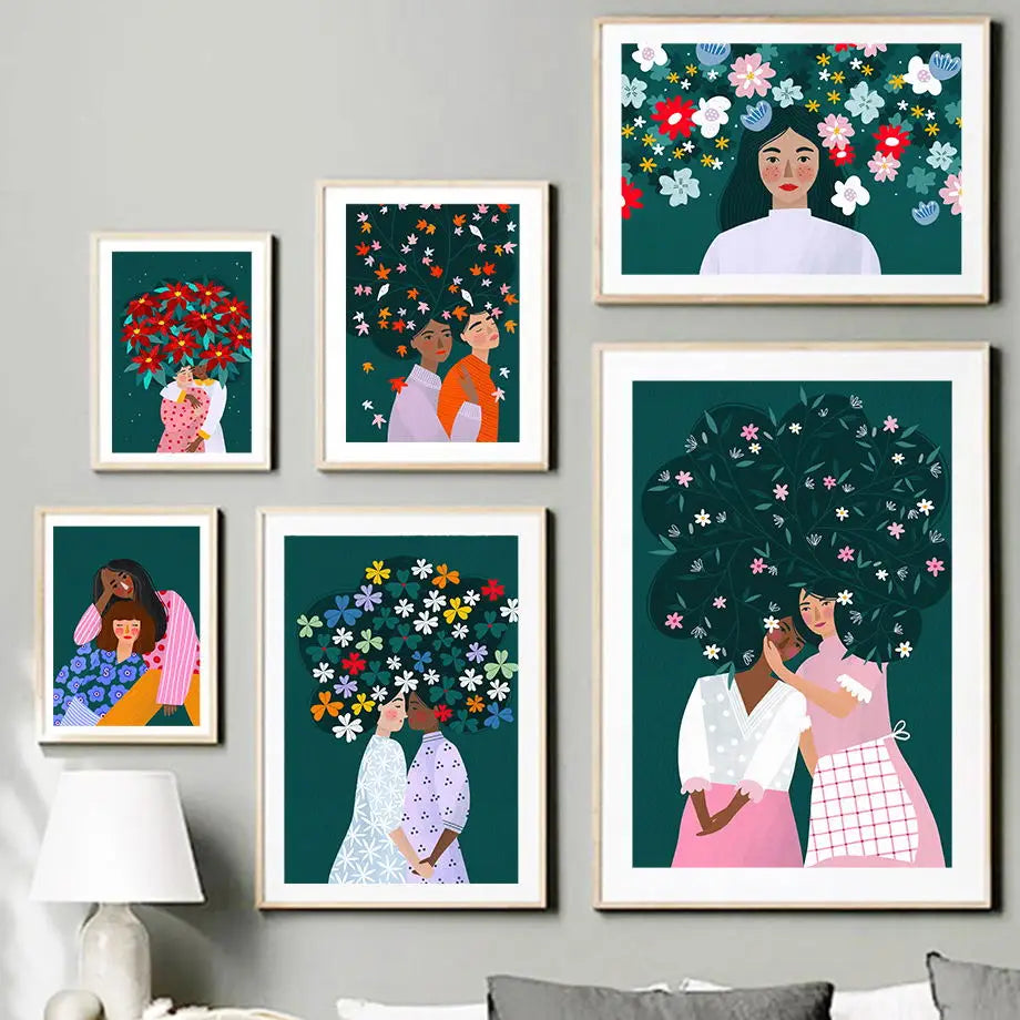 Abstract Fashion Girl Colourful Flower Leaves Wall Art Canvas Painting Nordic Posters And Prints Wall Pictures Living Room Decor