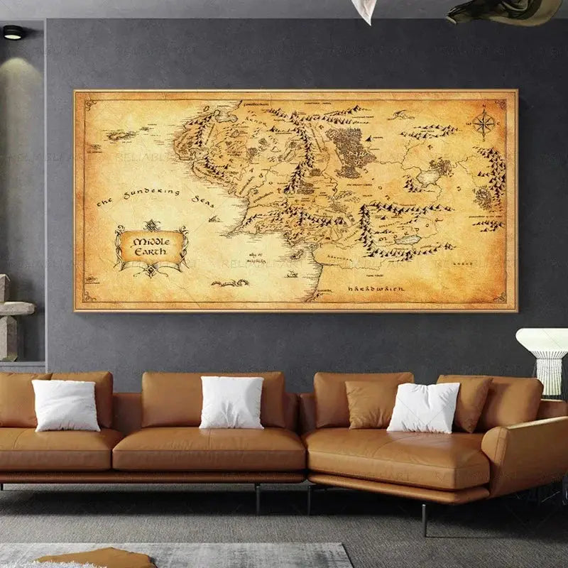 Retro The-Lord-of-Rings Map Canvas Painting Vintage Middle-earth Map Poster Movie Wall Art Pictures for Home Living Room Decor