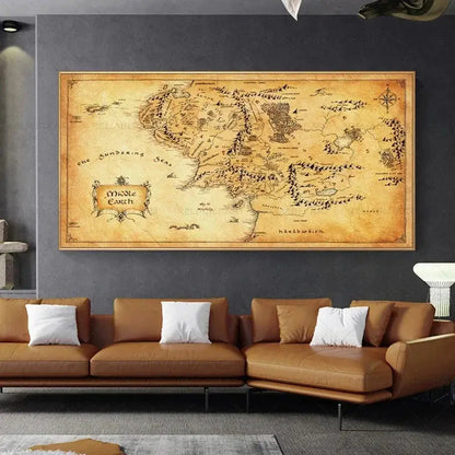 Retro The-Lord-of-Rings Map Canvas Painting Vintage Middle-earth Map Poster Movie Wall Art Pictures for Home Living Room Decor