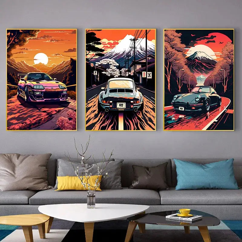 Retro Car Canvas Painting Japan Mount Fuji Sunset Wall Art Landscape Posters Living Room Interior Print Pictures Home Decoration