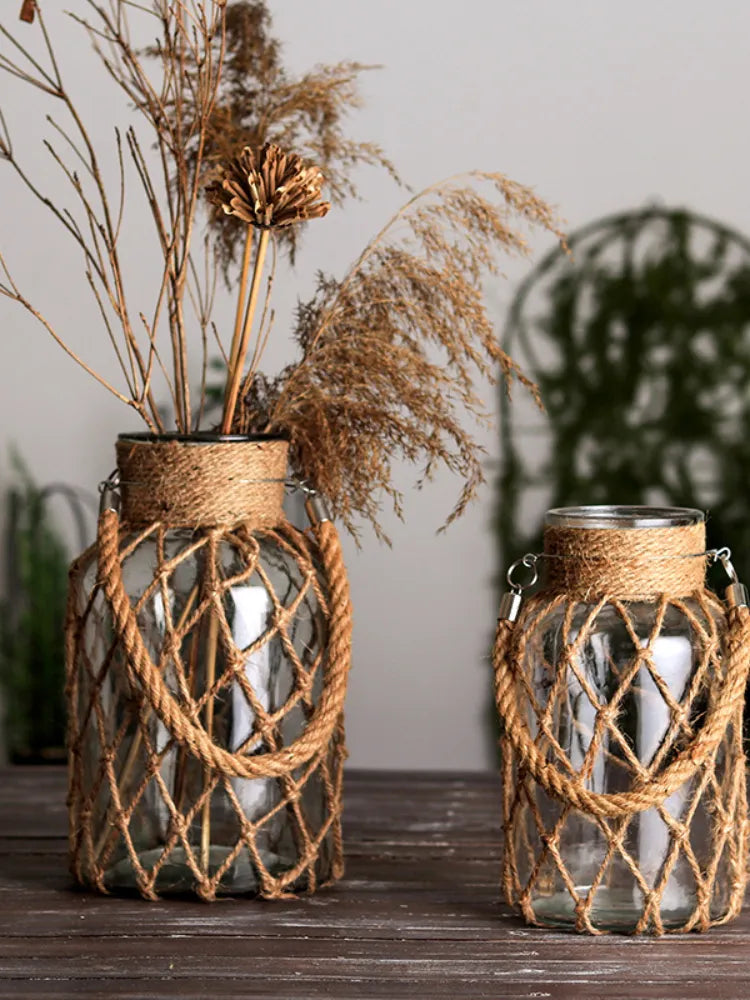 Hand-woven twine glass Clear Vase Ornaments Flower ware Creative hydroponic Vintage vase Home decor ins for rooms