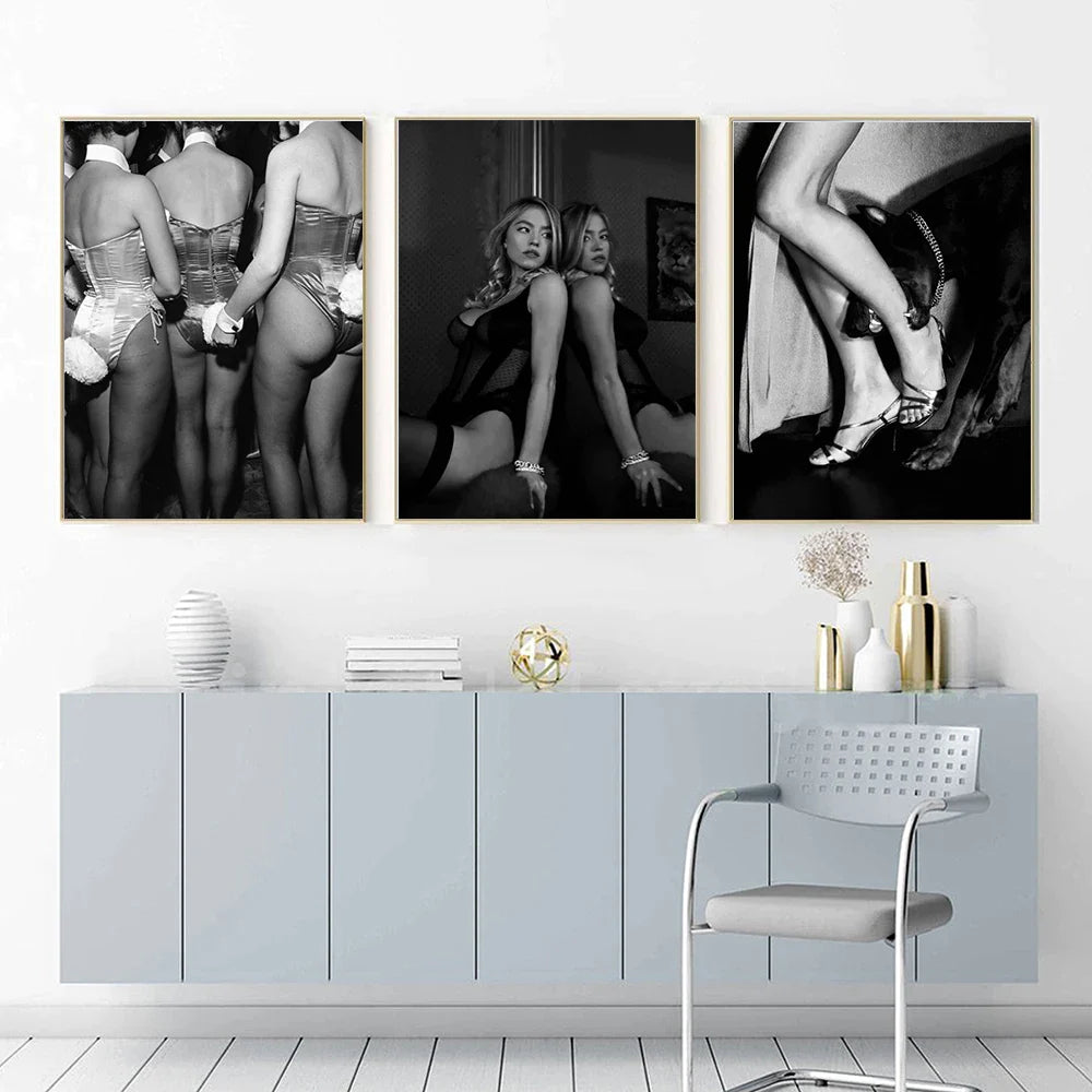 Black White Fashion Girl Dog Poster Print Sexy Woman Wall Art Canvas Printing Nordic Toy Pistol Picture Living Room Home Decor