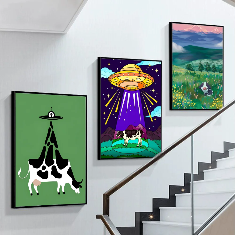 Cow Abduction Art Poster Self-adhesive Art Poster Retro Kraft Paper Sticker DIY Room Bar Cafe Vintage Decorative Painting