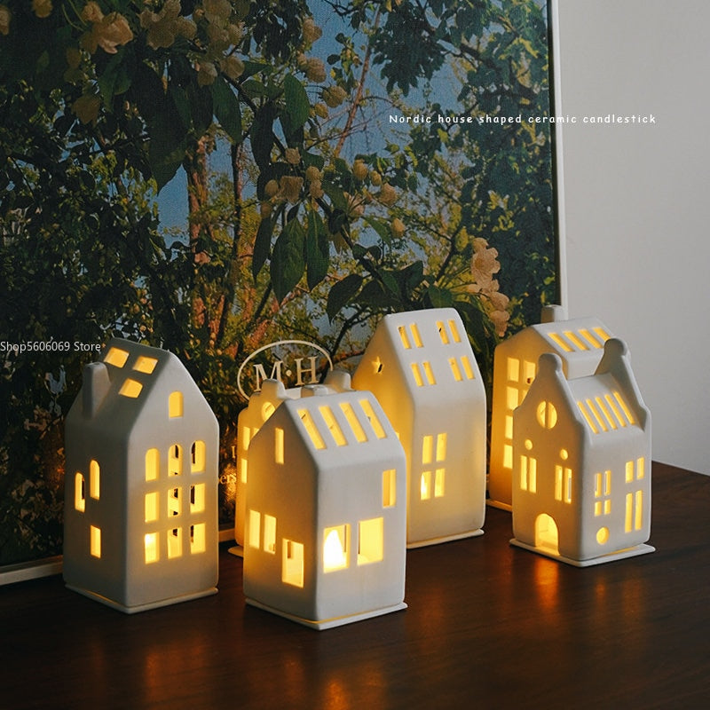 Scandinavian Style Small House Candle Holder Ceramic Hollowed Out Architectural Wax Holder Pure White Home Accessories Lamp acacuss