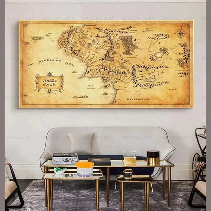 Retro The-Lord-of-Rings Map Canvas Painting Vintage Middle-earth Map Poster Movie Wall Art Pictures for Home Living Room Decor