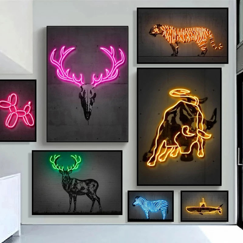 Neon Wall Art Hiasan Lukisan Balloon Anjing Zebra Bull Rusa Kanvas Lukisan Grafiti Haiwan Poster untuk Hiasan Bilik Nurseri Bar