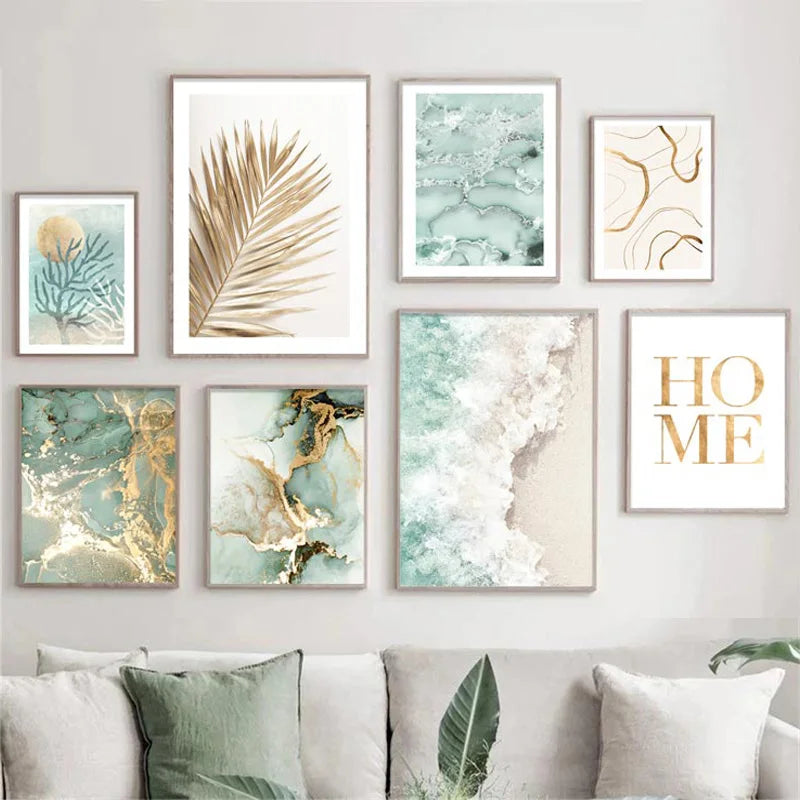 Nordic Abstract Sand Waves Gold Palm Posters Green Marble Line Coral Wall Art Print Canvas Painting Pictures Living Room Decor