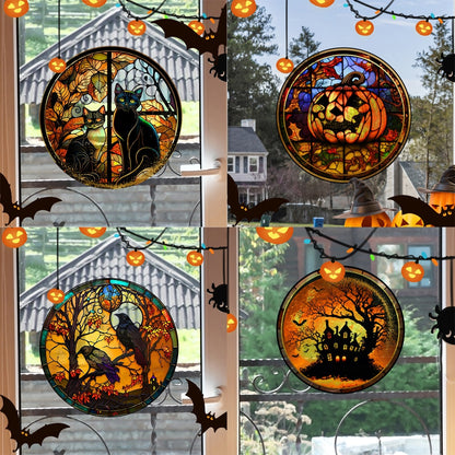 Halloween-Aufkleber, bunt, Horror-Schloss, Katze, statische PVC-Fensterglas-Aufkleber, kleberfrei, dekorative Folie, Party-Heimdekoration 