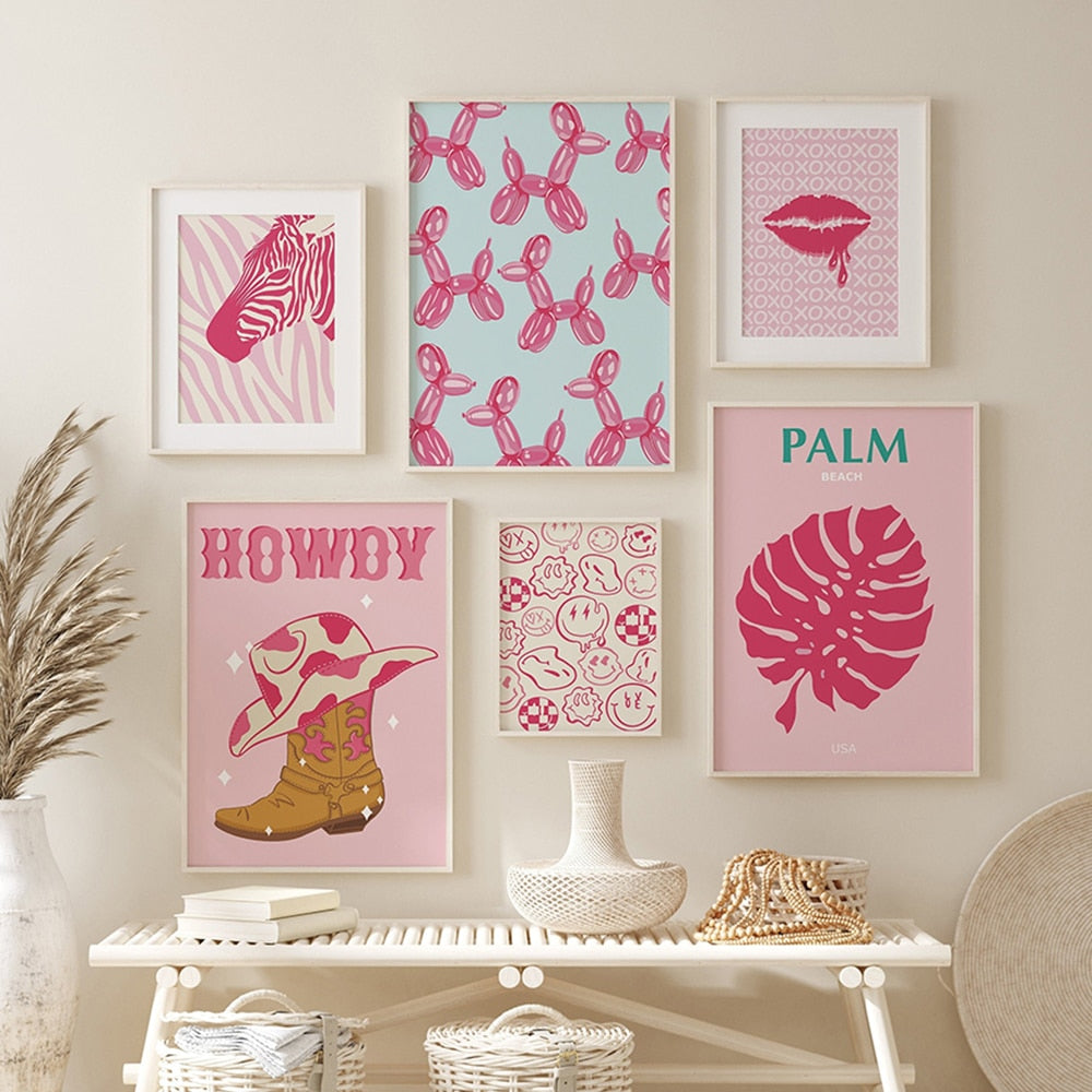 Rosa Preppy-Wandkunst, Mädchen-Bettzimmer-Dekoration, Pink-Leinwandgemälde, Wohnheim-Preppy-Poster, nordische Funky-Heimdekoration 