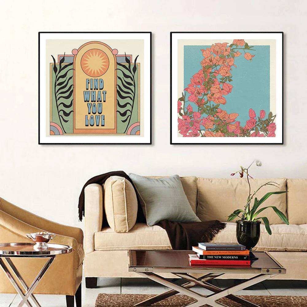 Bohemian Sun Faces Canvas Painting Abstract Vintage Wall Pictures Retro Happy Quote Square Print Poster Living Room Home Decor