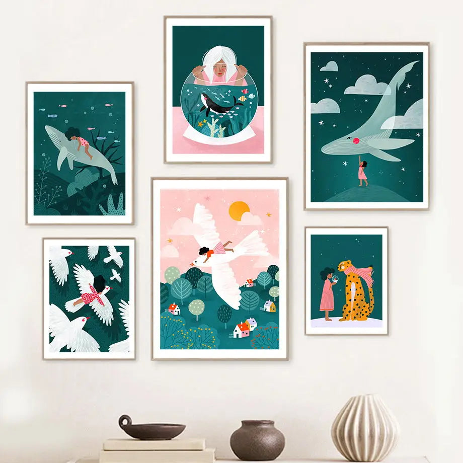 Whale Dolphin Leopard Girl Bea Muller Art Exhibition Canvas Painting Nordic Posters And Prints Wall Pictures Living Room Decor