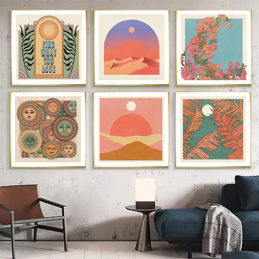 Bohemian Sun Faces Canvas Painting Abstract Vintage Wall Pictures Retro Happy Quote Square Print Poster Living Room Home Decor
