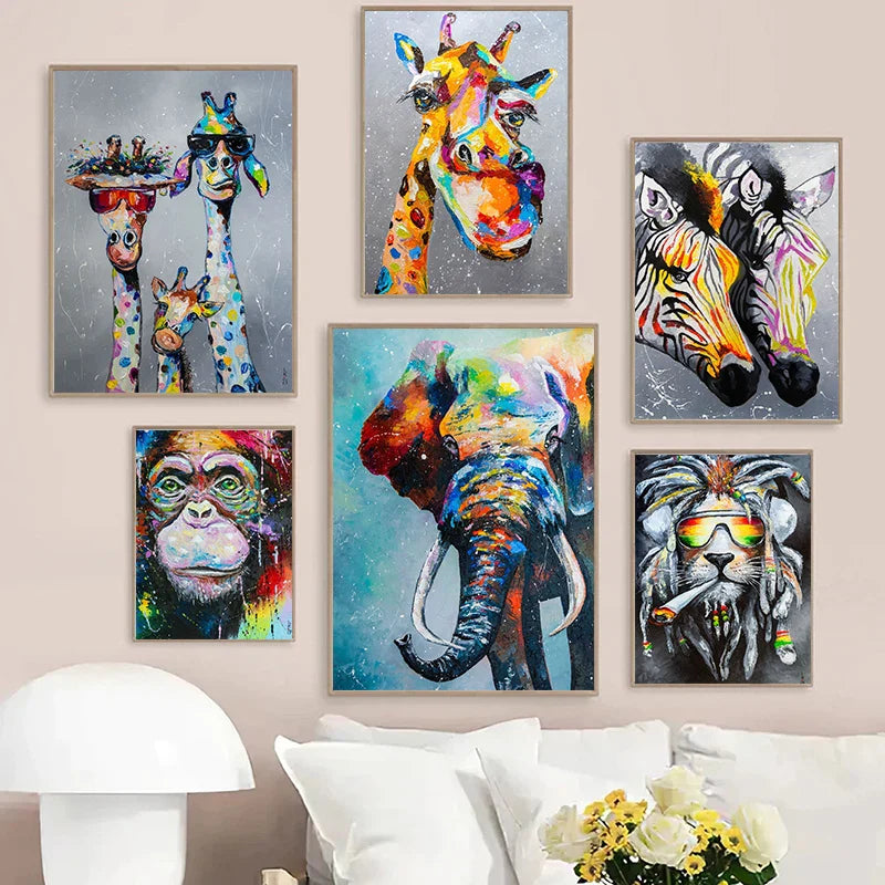 Modern Home Wall Art Colorful Animal Cow Giraffe Monkey HD Canvas Oil Painting Poster Print Bedroom Living Room Decoration Gifts