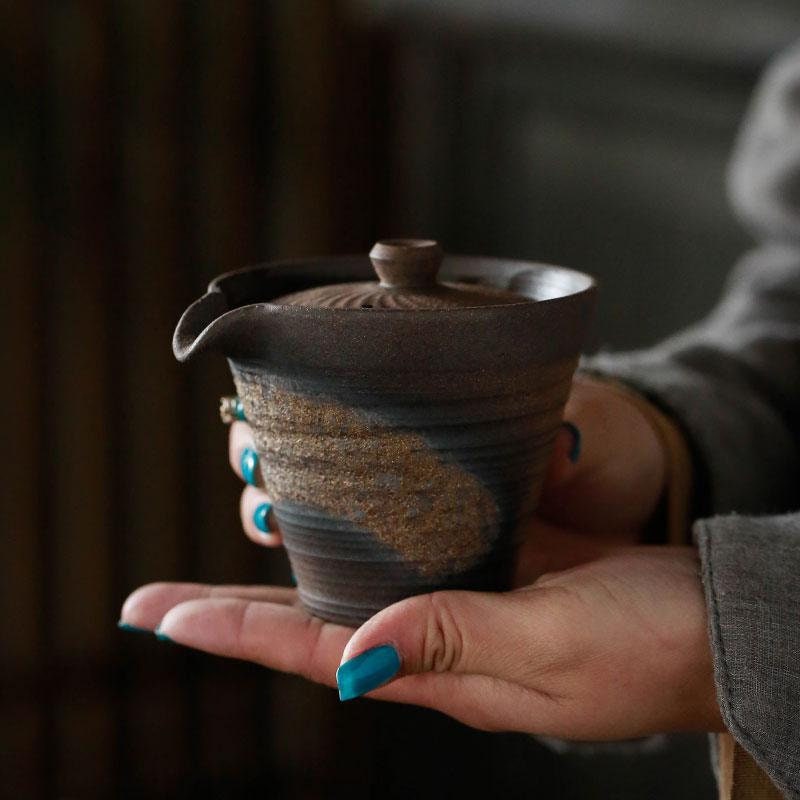Stoneware Gaiwan Handmade Pottery Unique Hat Pot Iron Glaze Teapot 140ml capacity - acacuss