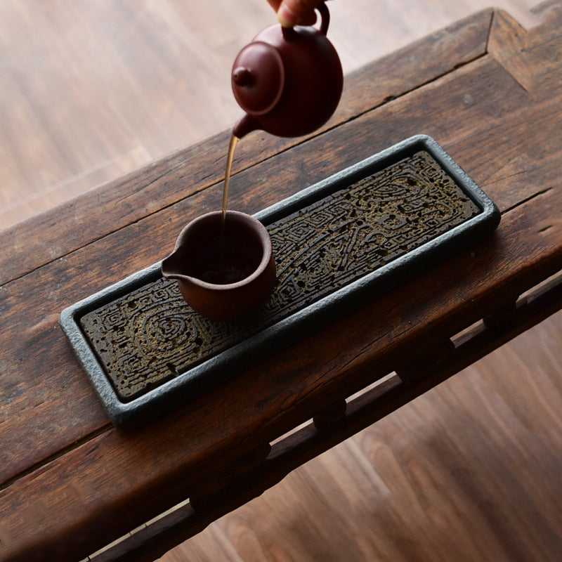 Tea Tray Natural Stone Plate Dragon Pattern Decoration Chinese Home Table Rectangular Office Accessorie Antiques Kungfu Teaware acacuss