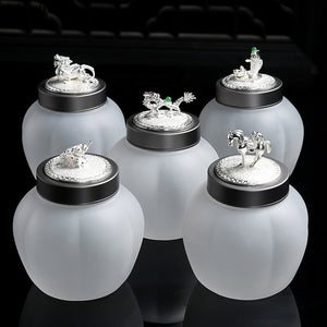 Translucent Glass Jar Tea Caddy Animal Cover Decorative Jar Sealed Jars Thickened Glass Tea Box Home Storage Tank Tea Organizer acacuss