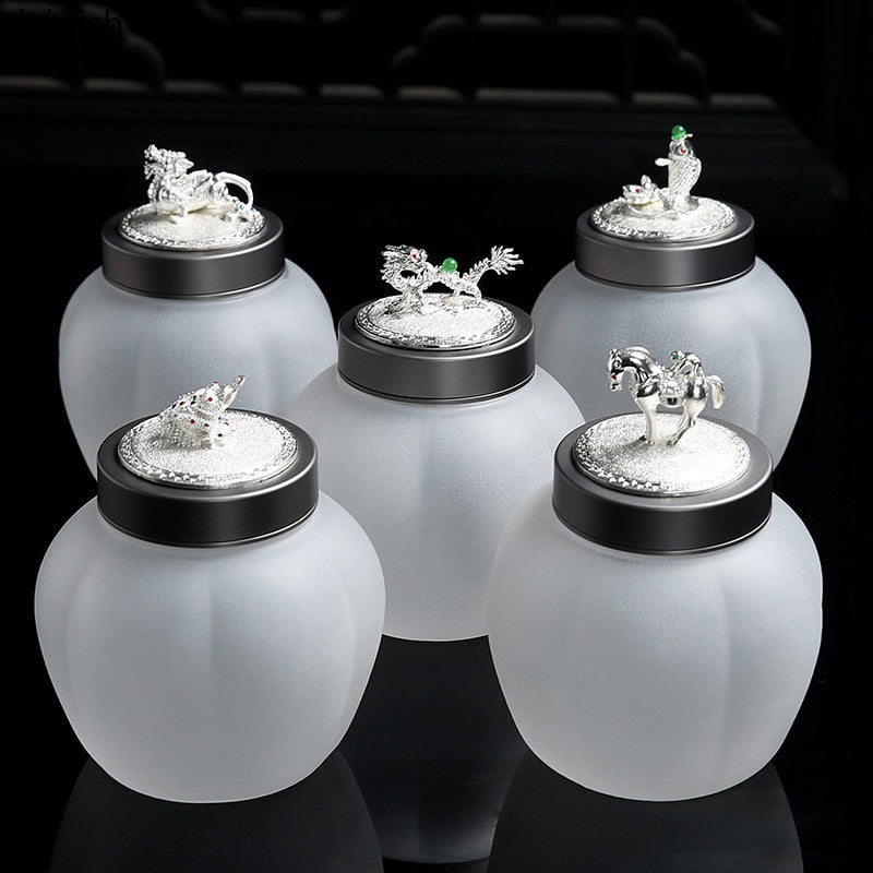 Translucent Glass Jar Tea Caddy Animal Cover Decorative Jar Sealed Jars Thickened Glass Tea Box Home Storage Tank Tea Organizer acacuss