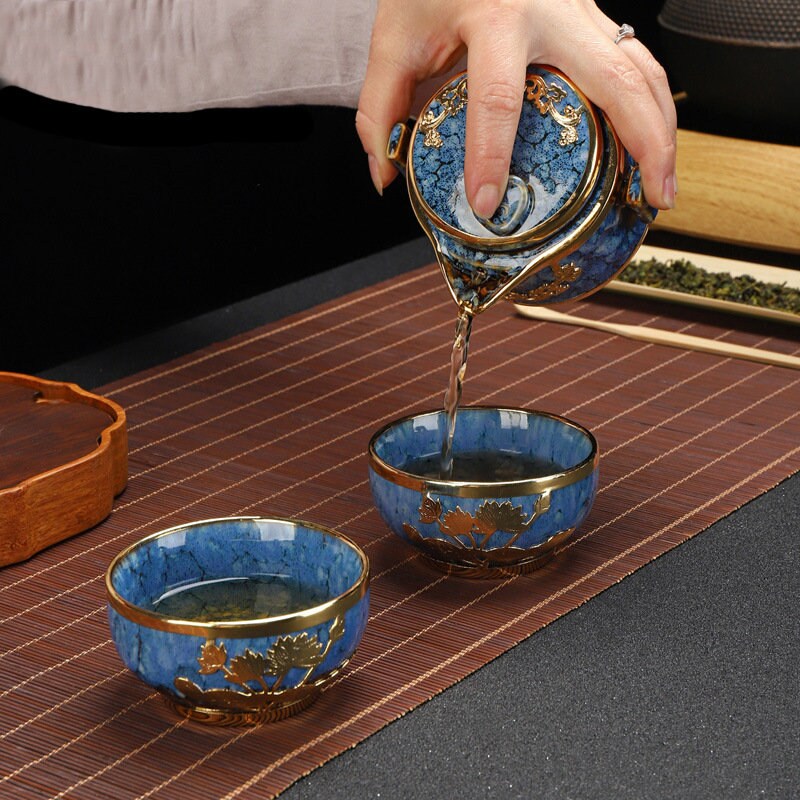 Gold-inlaid jade One Pot And Two Cups Ceramic Kung Fu Tea Set I Jianzhan ceramics inlaid gold portable travel tea set. - ACACUSS