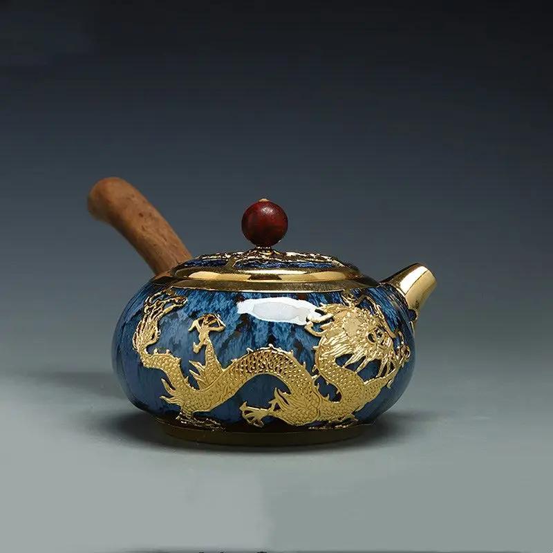 Unique Kung Fu Teapot Handmade GOLD Plated with Ebony wood side handle - ACACUSS