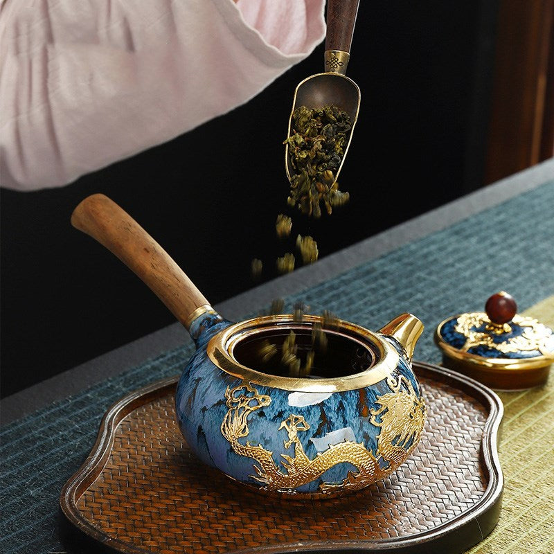 Unique Kung Fu Teapot Handmade GOLD Plated with Ebony wood side handle - ACACUSS
