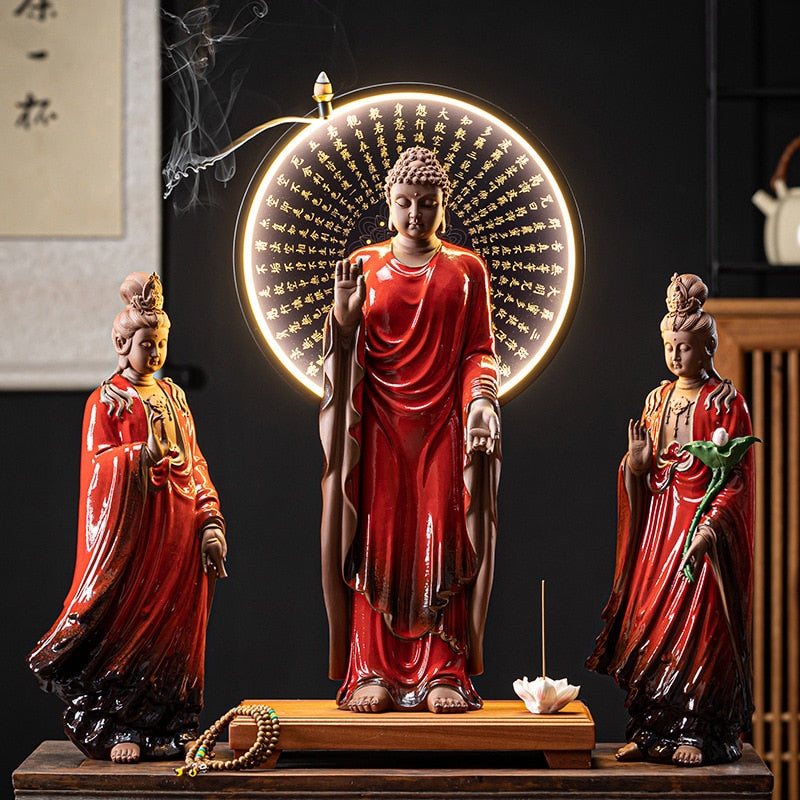 Western Three Holy Ceramic Buddha Ornaments New Chinese Home Decoration LED Light Ring Buddhist Ornaments acacuss