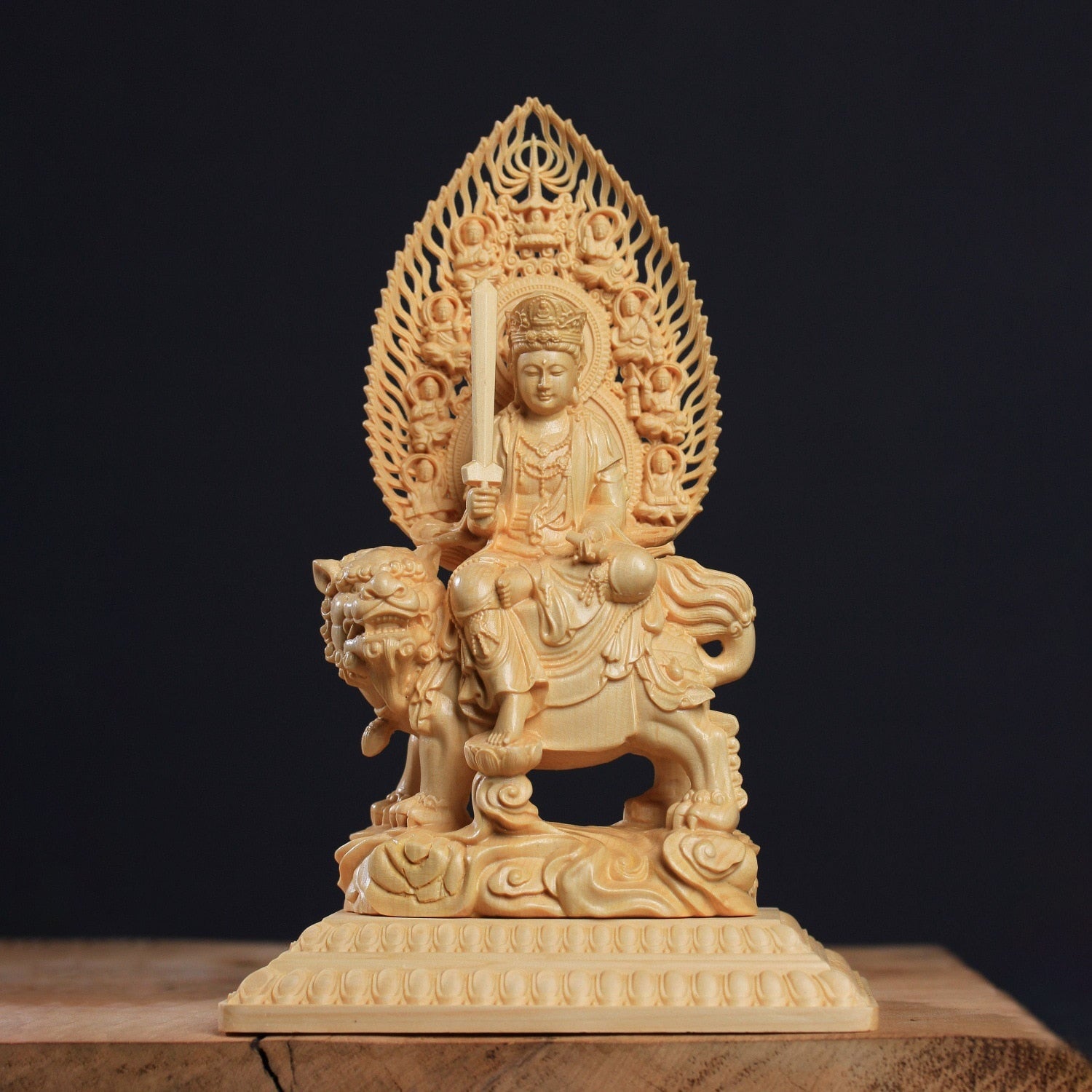 Wooden Carving Samantabhadra Manjushri Buddhist Figure Statue Solid Wood Carving Feng Shui Ornament Home Living Room Decoration acacuss