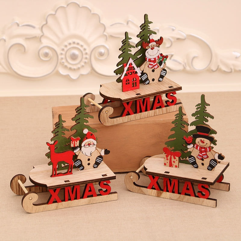 Wooden Desktop Christmas Decorations Xmas Sleigh Santa Claus Deer Cart Merry Christmas Party Home Decor Fork Naviidad acacuss