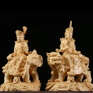 Wooden Manjushri - Samantabhadra Figure Statue Solid wood hand-carved Buddha statue Home feng shui ornaments 14cm-5.50 in acacuss